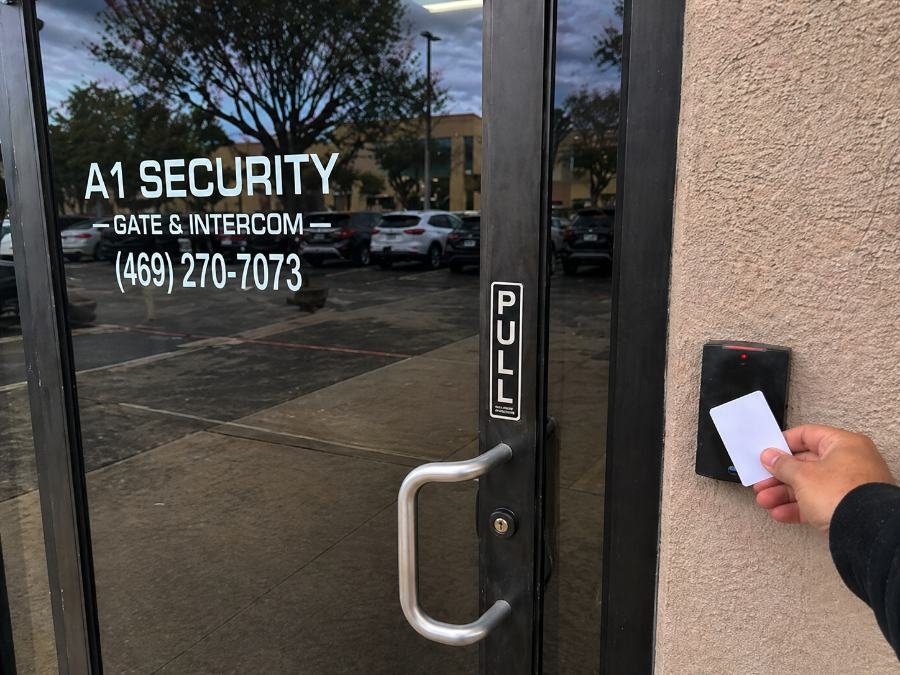 Card reader access control on a commercial door installed by A1 Security in Richardson TX