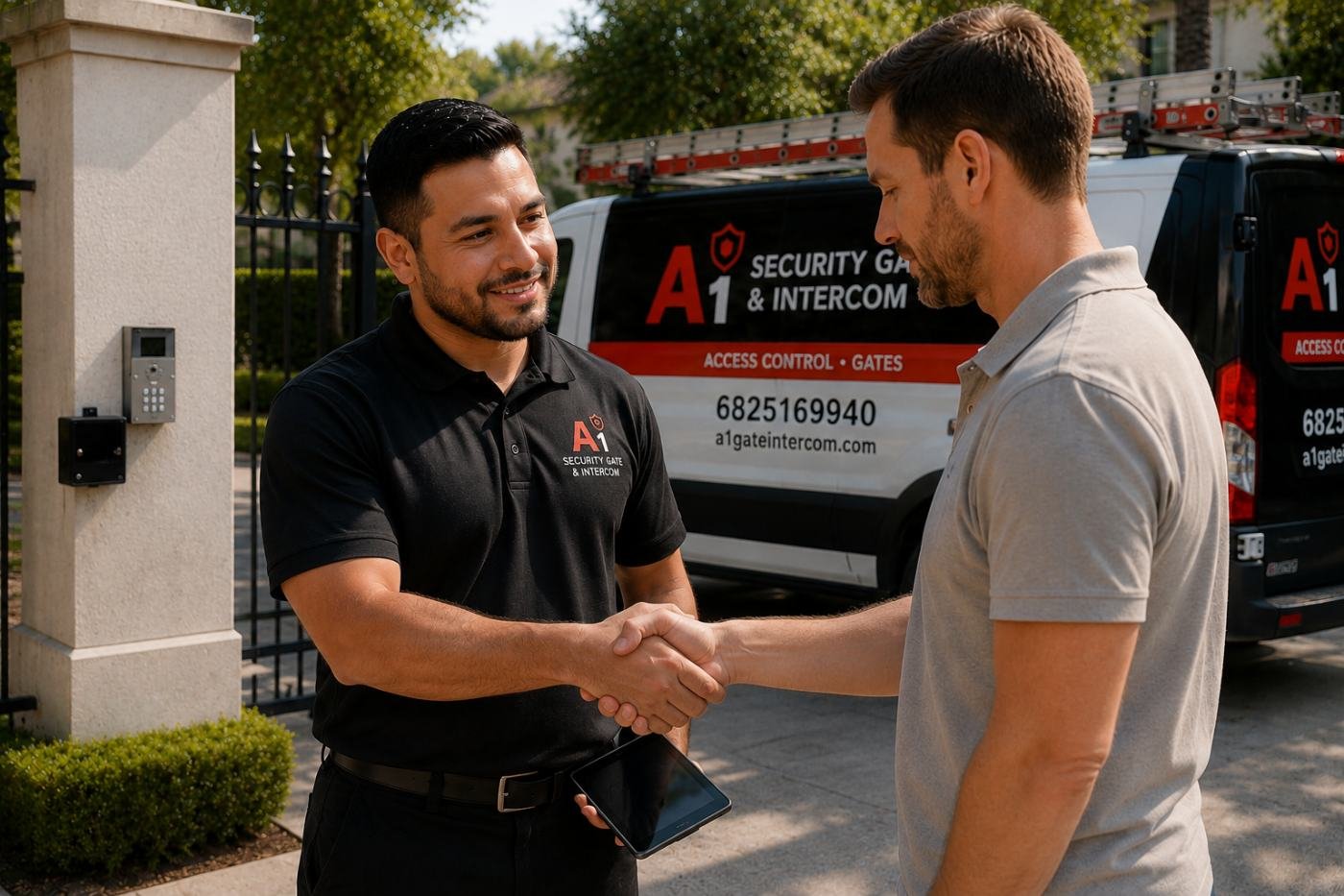 A1 Security Gate & Intercom technician shaking hands with a satisfied customer beside the company van in DFW