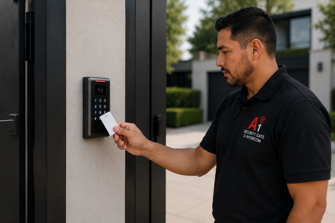 A1 Security Gate & Intercom technician using a card reader on a commercial access control gate in Dallas, TX