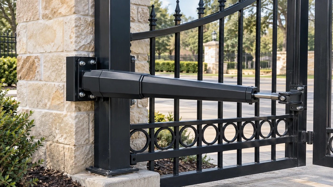 Automatic swing gate operator arm mounted between a limestone pillar and a black iron gate in Dallas-Fort Worth